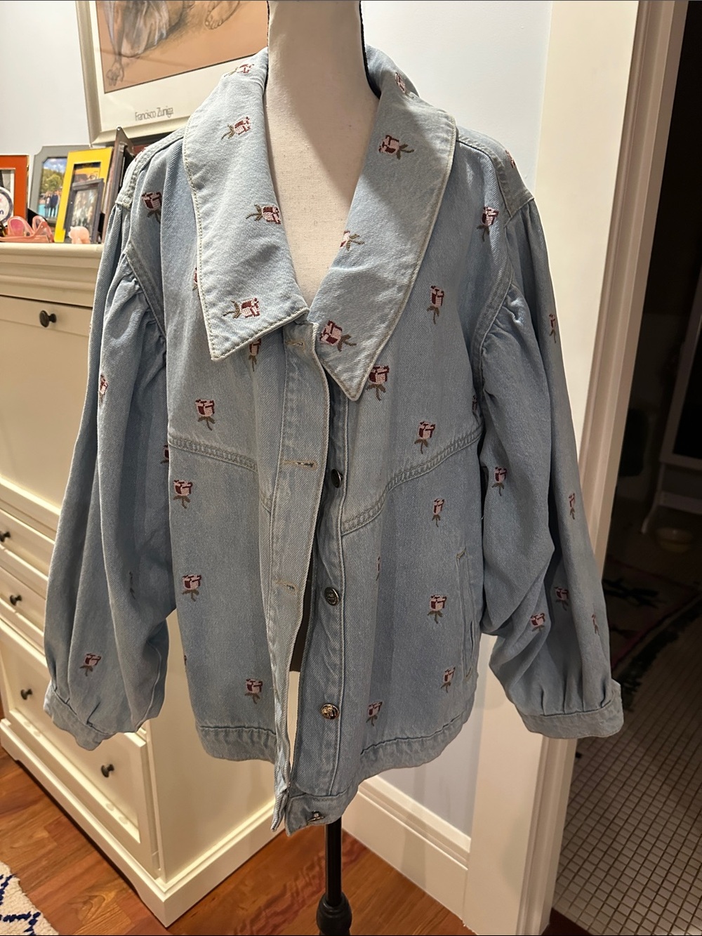 FARM Rio Pale Blue Denim Jacket with Red & White Embroidery